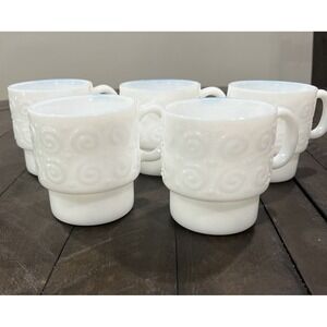 Vintage Hazel Atlas Hazelware White Milk Glass Scroll & Dots‎ Embossed Mugs (5)